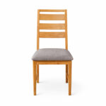 Front view of Arsy teak dining chair with grey upholstered foam seat