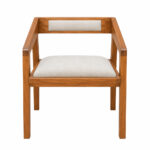 Front view of solid Suar wood dining armchair with upholstered seat and matching backrest insert