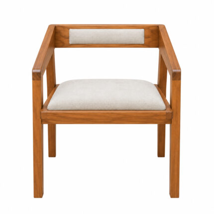 Front view of solid Suar wood dining armchair with upholstered seat and matching backrest insert
