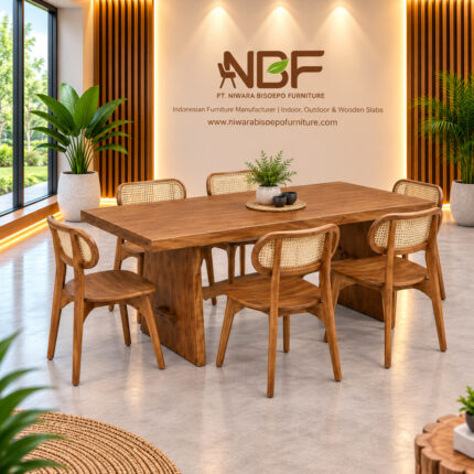 Artisan Suar wood dining table and teak wood rattan-back chairs displayed in the NBF furniture studio