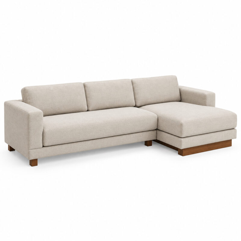 Full view of Aruna L-shaped teak wood sofa with chaise