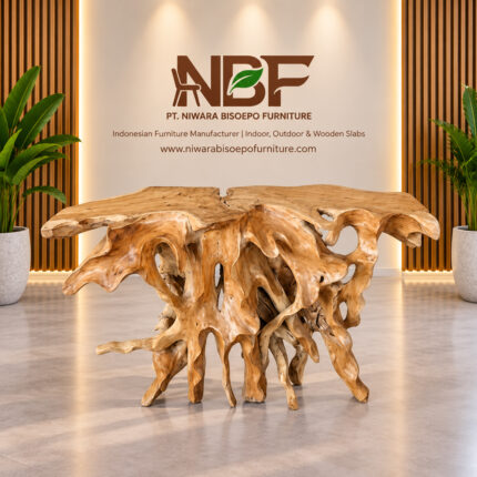 Arunika sculptural teak root console table in NBF furniture studio