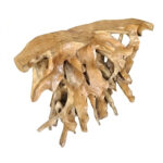 sculptural natural teak root console table angled view