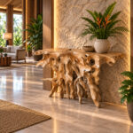 handcrafted teak root console table in premium hotel style interior