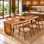 Arvana Suar wood waterfall dining table with natural edge top and black metal legs in a modern kitchen