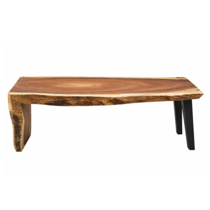 Front view of Arvana solid Suar wood waterfall dining table with natural edge top and black metal legs