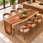 Elevated view of Arvana Suar wood dining table showing its natural grain and organic tabletop edges in a modern kitchen