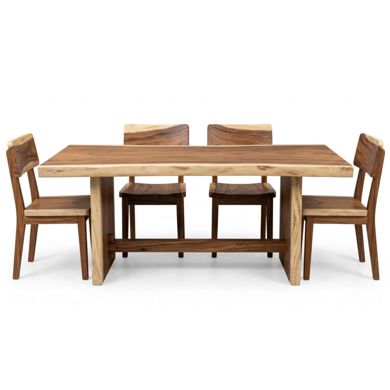 Front View of Solid Suar Wood Dining Table with Four Matching Wooden Chairs