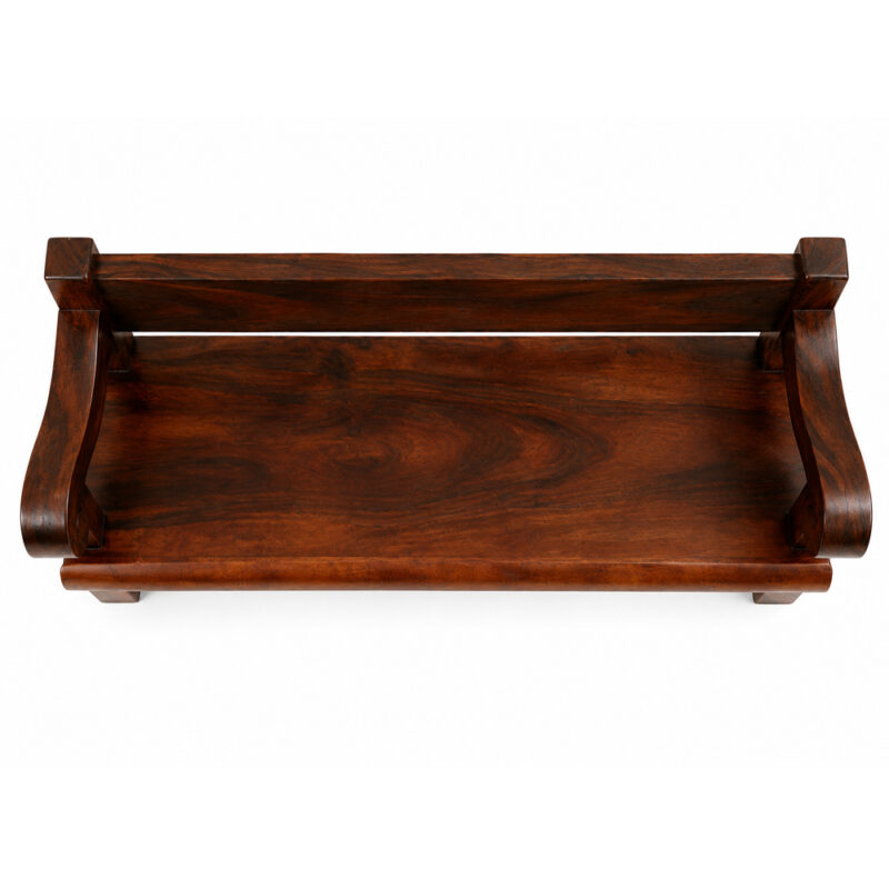 Top view of Bagong Suar Wood Bench highlighting the wide wooden seat and curved armrest construction