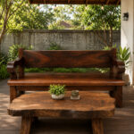 Bagong Suar Wood Bench paired with a teak root coffee table in a natural outdoor-inspired setting