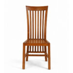 Front view of solid teak wood dining chair with high slatted backrest and wooden seat