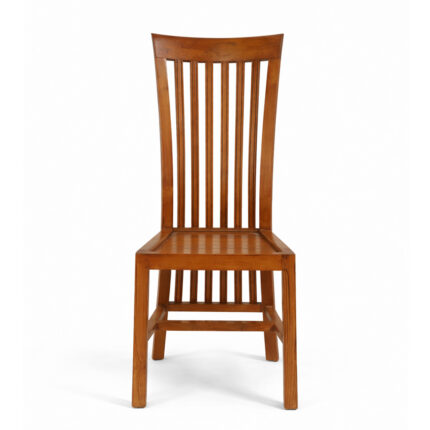 Front view of solid teak wood dining chair with high slatted backrest and wooden seat