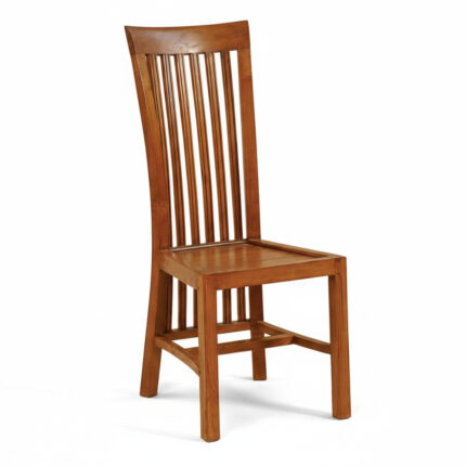 Side view of solid teak dining chair with tall slatted backrest