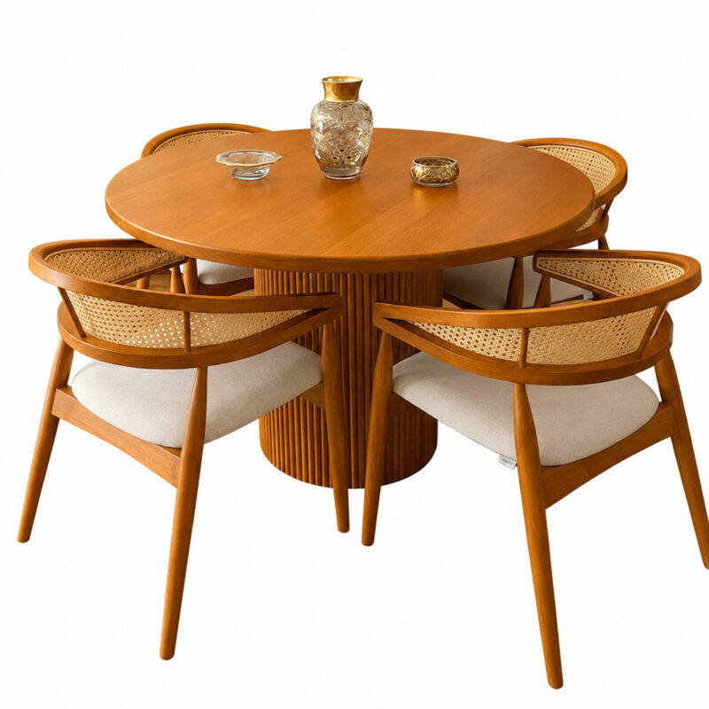 Bravelle teak round dining table set with cane dining chairs
