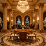Bravelle round teak dining table set with cane armchairs in a luxury dining room