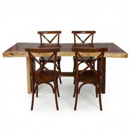 Suar live edge dining table with solid teak Cross Back chairs Ceko dining set
