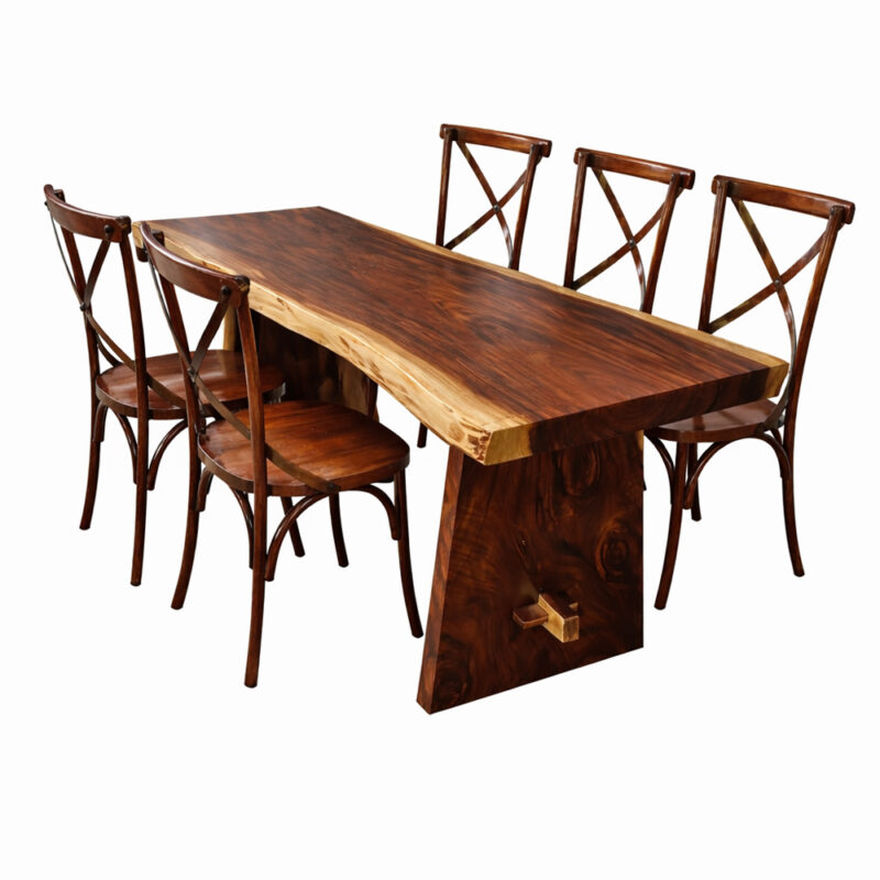 Ceko solid Suar wood dining table set with dark finish and solid teak Cross Back chairs 45 degrees view