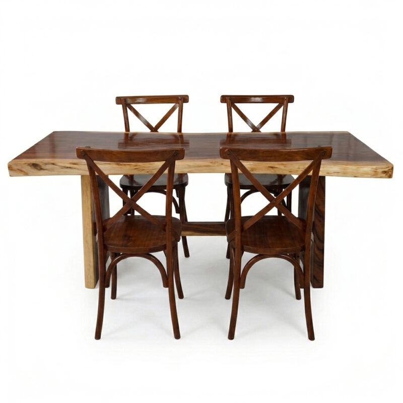 Suar live edge dining table with solid teak Cross Back chairs Ceko dining set