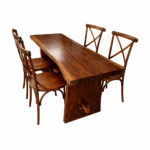 Ceko dining table with natural Suar live edge and solid teak Cross Back chairs side perspective