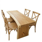 Unfinished Suar live edge dining table with natural solid teak Cross Back chairs