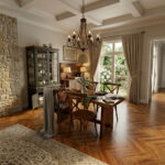 Solid Suar live edge dining table and teak Cross Back chairs in an elegant dining interior