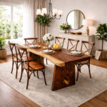Ceko Suar wood live edge dining set with solid teak chairs in a classic dining room