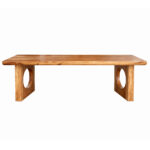 Front view of a rectangular Suar wood dining table with two circular cut-out pedestal legs