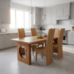 Circular cut-out Suar wood dining table paired with wooden chairs in a bright kitchen