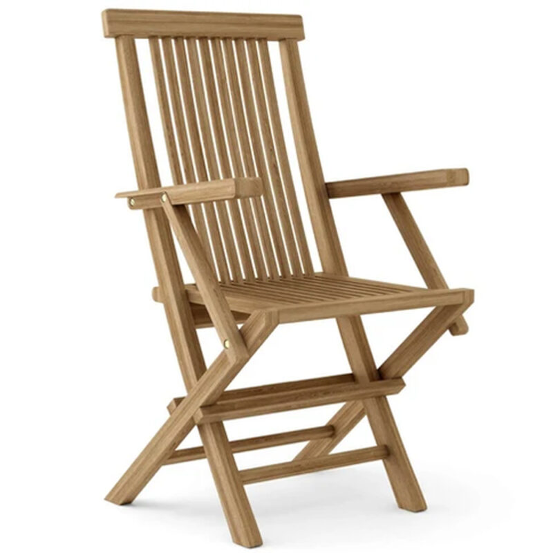 Classic teak folding garden chair with armrests and vertical slatted back
