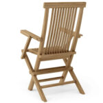 Classic teak folding garden chair with arms and slatted backrest rear view