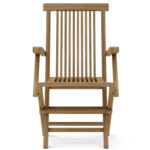 Front view of classic teak folding garden chair with slatted seat and armrests