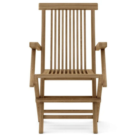Front view of classic teak folding garden chair with slatted seat and armrests