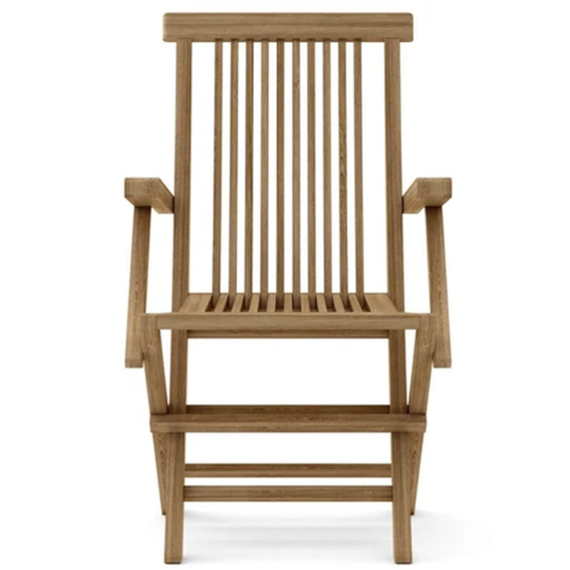 Front view of classic teak folding garden chair with slatted seat and armrests