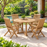 Teak folding garden chairs with armrests around a round teak dining table on a garden patio