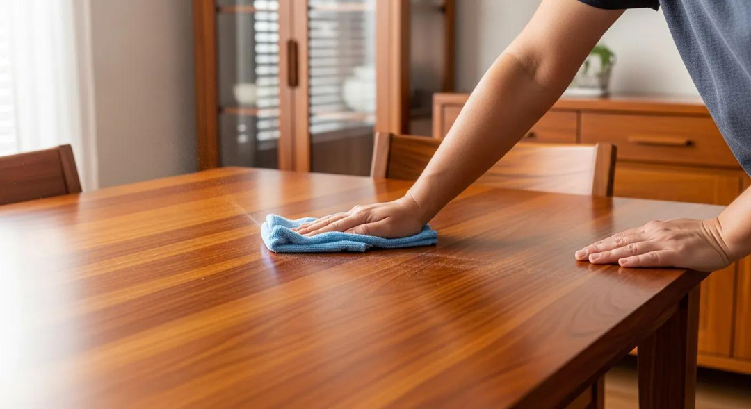 Cleaning a solid wood table with a soft microfiber cloth to protect its finish