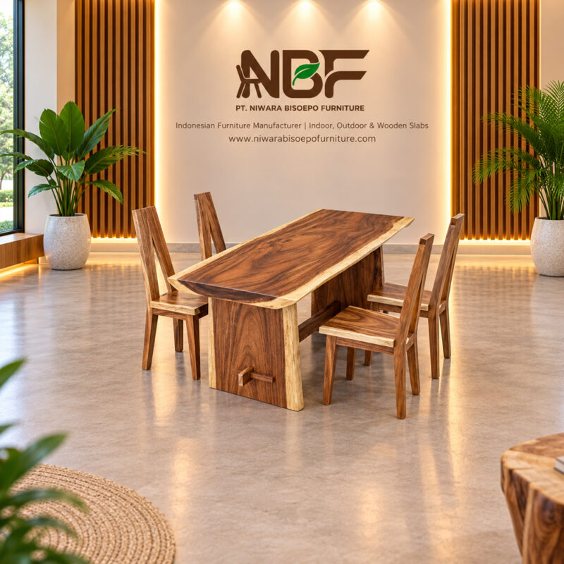 Dencis Solid Suar Wood Dining Set Displayed in the NBF Furniture Studio