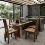 Front View of Dencis Solid Suar Wood Dining Table and Four Matching Chairs
