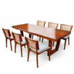 Dhifa solid Suar wood dining table set with teak rattan dining chairs