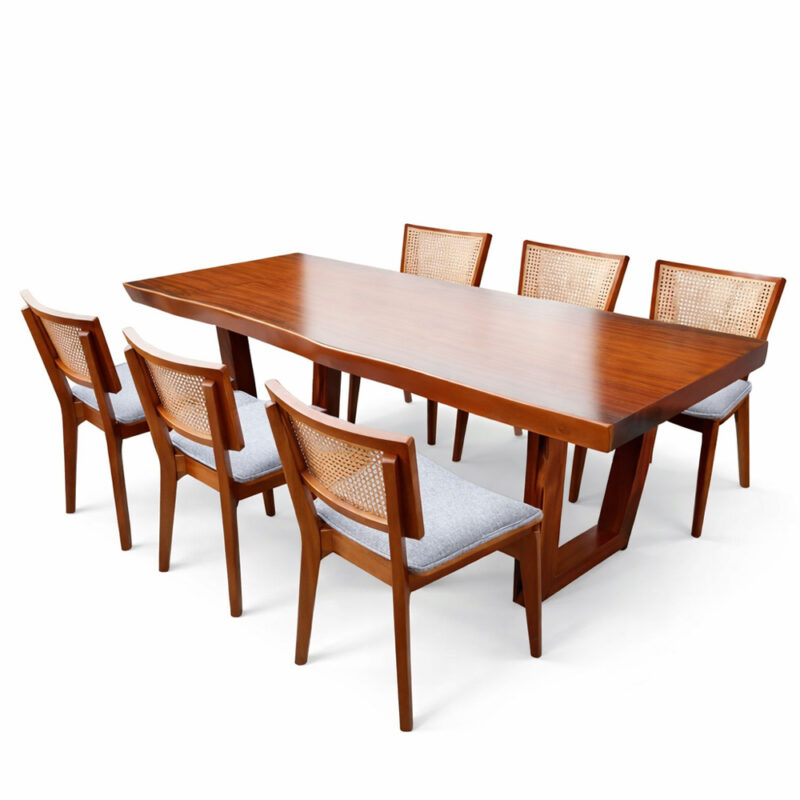 Dhifa solid Suar wood dining table set with teak rattan dining chairs