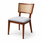 Teak wood dining chair with upholstered seat and woven rattan backrest
