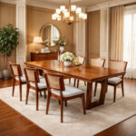 Suar wood dining table and teak chairs with woven rattan backs in an elegant dining room