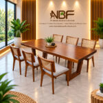 Dhifa Suar wood dining table set with teak rattan chairs in the NBF furniture studio