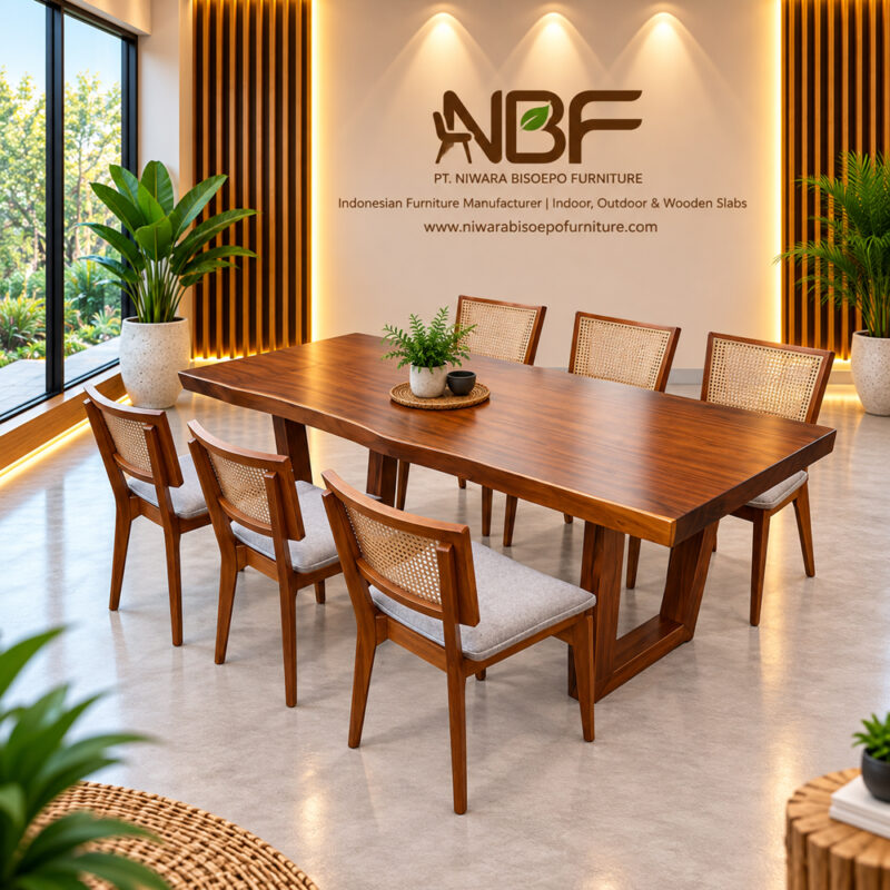 Dhifa Suar wood dining table set with teak rattan chairs in the NBF furniture studio