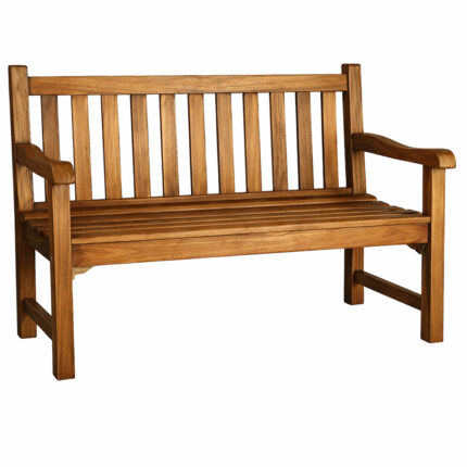 Dhifa teak garden bench 2 seater with slatted backrest and curved armrests