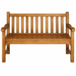 Front view of Dhifa teak garden bench showing the slatted seat and backrest