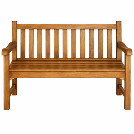 Front view of Dhifa teak garden bench showing the slatted seat and backrest