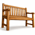 Full view of Dhifa teak garden bench with curved armrests and sturdy wooden legs