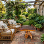 Dhifa teak root pedestal side table in a garden patio setting