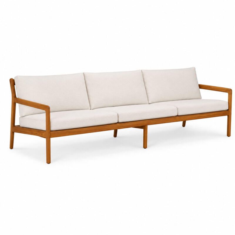 Dhifa teak wood three-seater sofa with exposed wooden frame