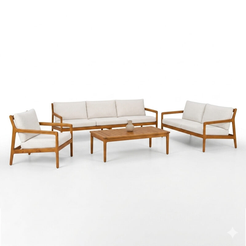 Dhifa teak wood sofa set with matching coffee table and upholstered cushions